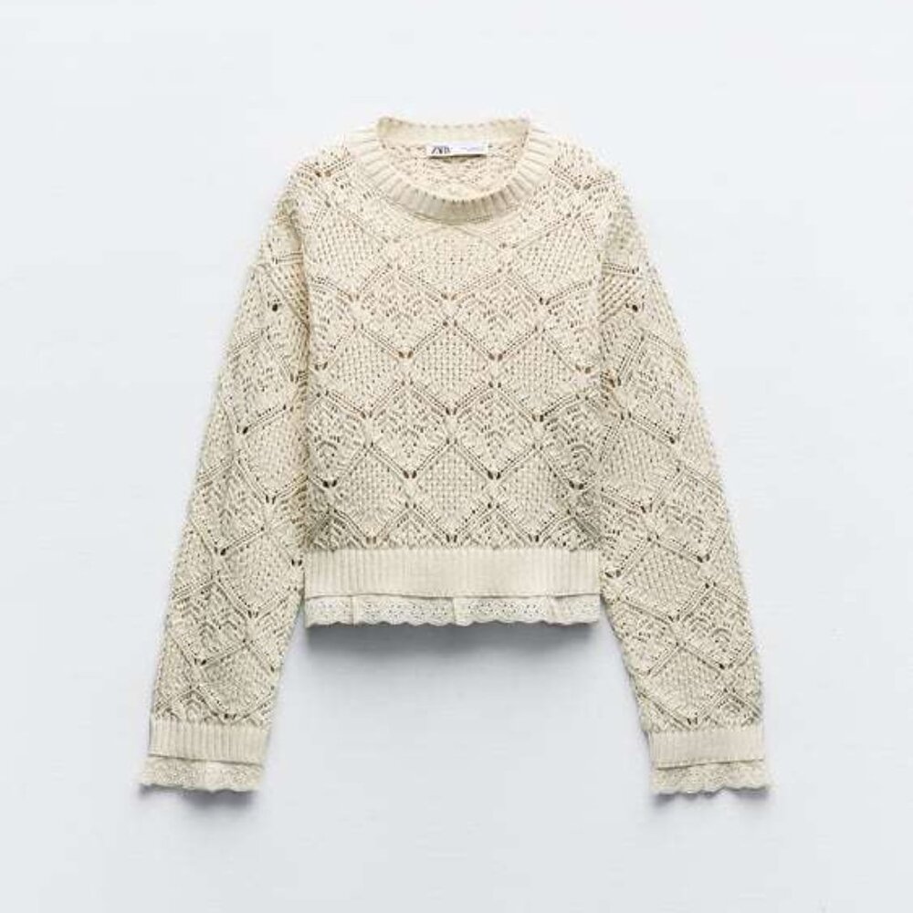 Zara cotton knit sweater with lace trim